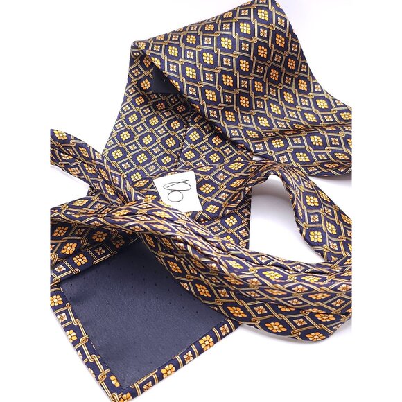 Paco Rabanne Mens Silk Tie Geometric Floral Pattern Navy & Gold Made In Italy - Picture 7 of 13
